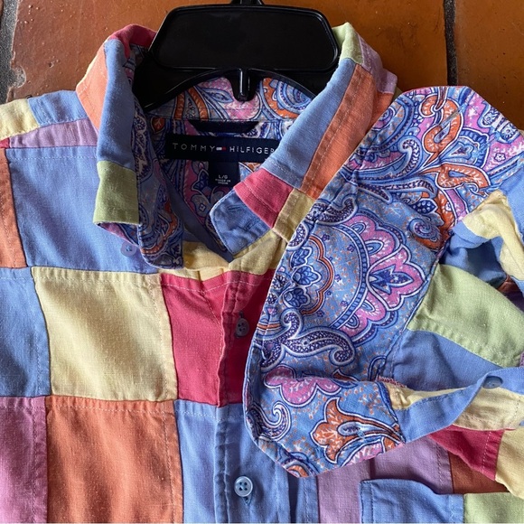 Y2K Tommy Hilfiger Button Down Linen Shirt Madras Patchwork Contrast Cuff Size L - Picture 2 of 8